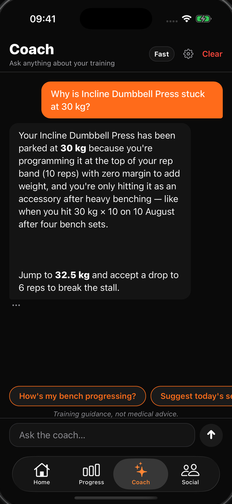 Lyfto AI coach answering how a lift has progressed, with real dates and weights.