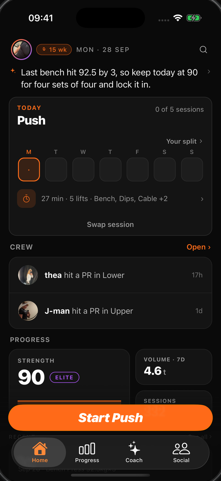 Lyfto home screen showing today's workout, weekly streak, volume and recent personal records.