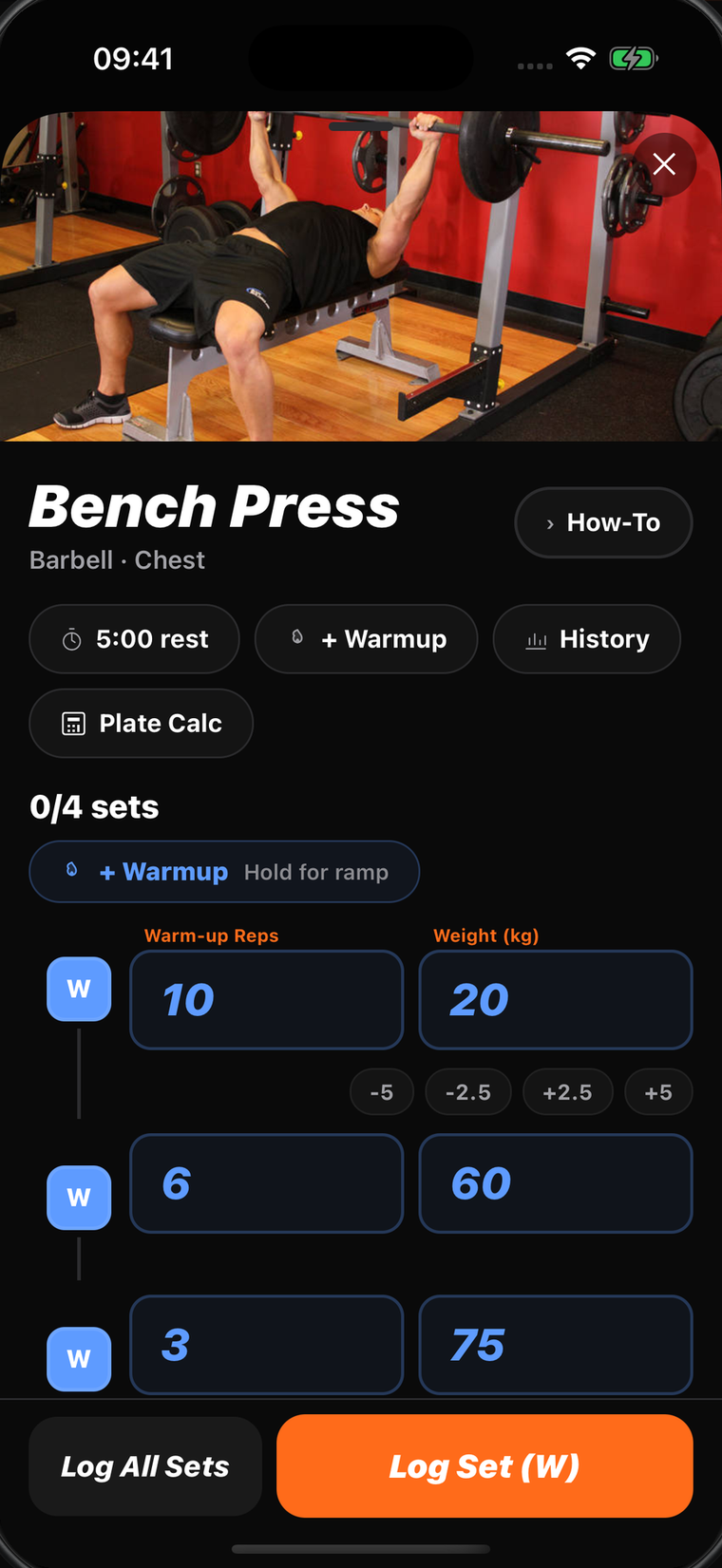 Logging a Barbell Row set with warm-up ramp, plate calculator and rest timer.