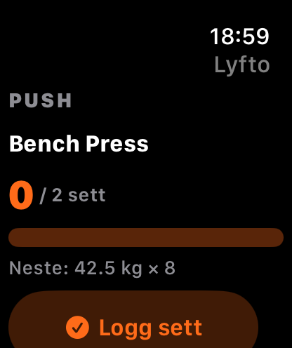Lyfto Apple Watch screen logging a Bench Press set with the next target weight.