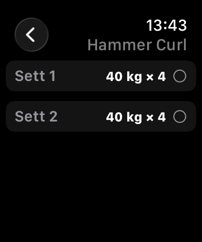 Lyfto Apple Watch screen showing logged Hammer Curl sets.